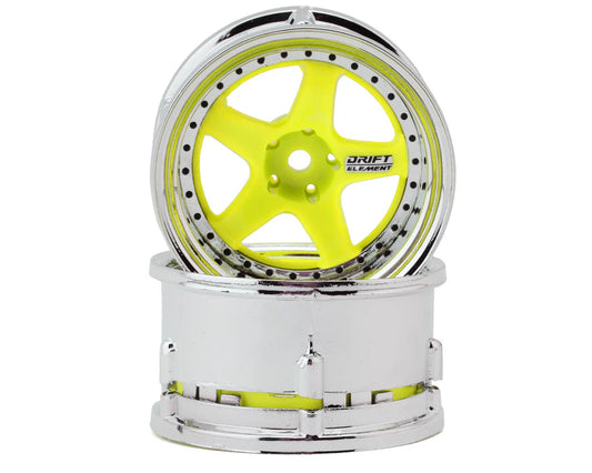 DS Racing Drift Element 5 Spoke Drift Wheels (Flu Yellow/Chrome Lip/Black Rivet) (2) (Adjustable Offset) w/12mm Hex