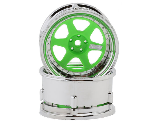 DS Racing Drift Element 6 Spoke Drift Wheels (Flu Green/Chrome Lip & Rivets) (2) (Adjustable Offset) w/12mm Hex